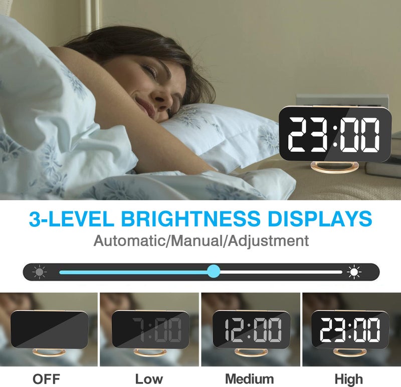 Sukeen Digital Alarm Clock,6" Large LED Display with Dual USB Charger Ports | Auto Dimmer Mode | Easy Snooze Function, Modern Mirror Desk Wall Clock for Bedroom Home Office for All People (Gold) - Image 4