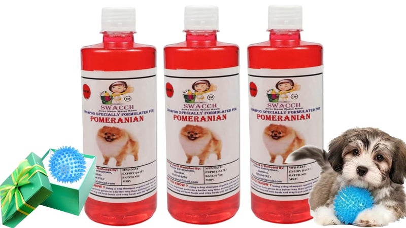 swacch Shampoo | Puppy Safe Shampoo | PH Balanced | Ditch to Itch for Pomeranian Dog Shampoo 500ml Pack of 3 (Strawberry) + Spike Ball Chew Toy Combo Pack - Image 1