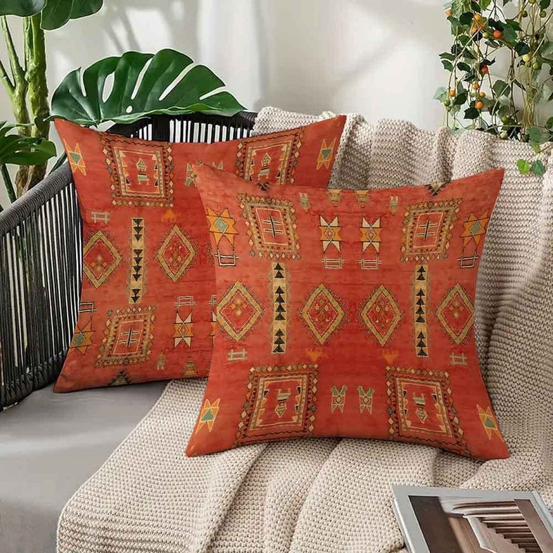 20 Inch Set Of 2 Boho Style Pillow Covers With Earthy Geometric Patterns Tribal Inspired Print For Fall Home Decor Bedding And Cushion Accessories - Image 2