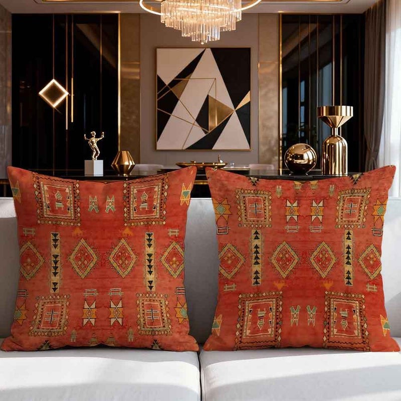20 Inch Set Of 2 Boho Style Pillow Covers With Earthy Geometric Patterns Tribal Inspired Print For Fall Home Decor Bedding And Cushion Accessories - Image 1