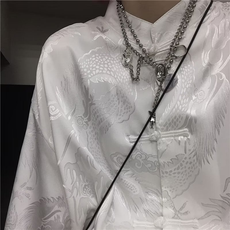 Mens Chinese Style Dragon Robe Shirts Summer White