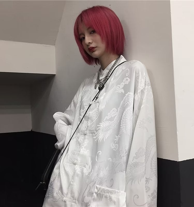 Mens Chinese Style Dragon Robe Shirts Summer White