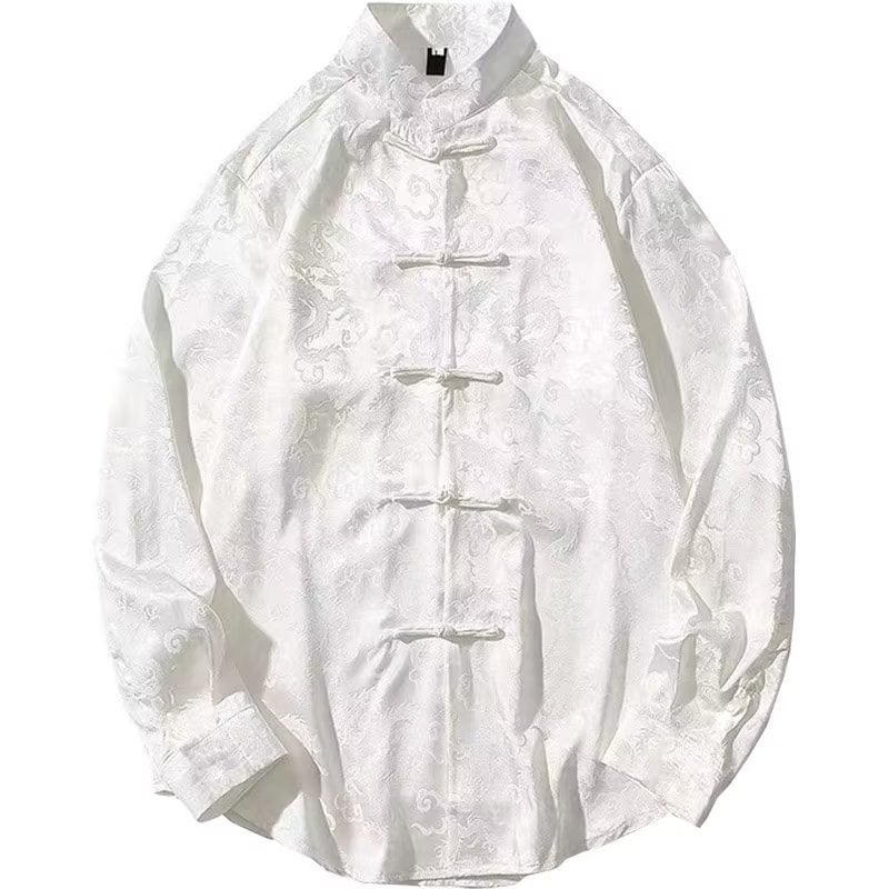 Mens Chinese Style Dragon Robe Shirts Summer White