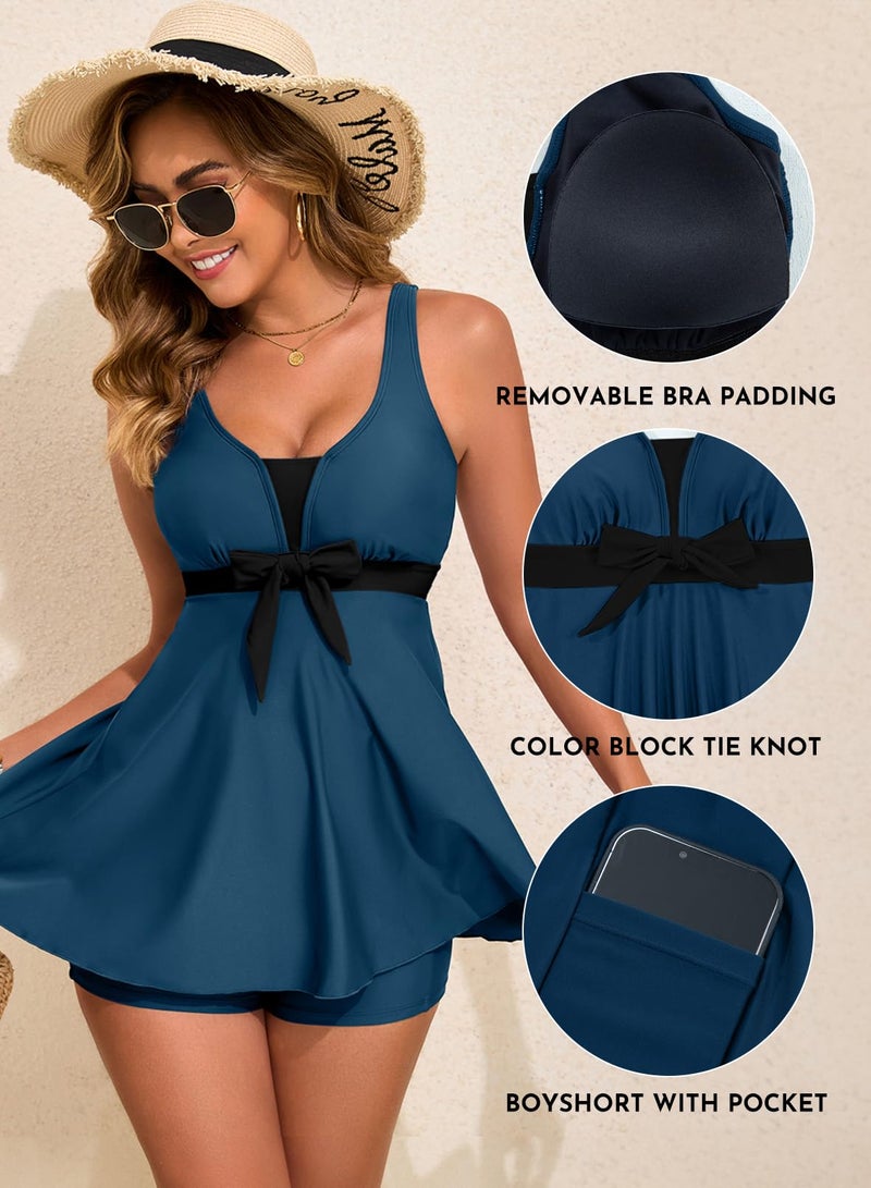 Aleumdr Women 2026 Tankini Set Flowy Swim Dress Padded Push Up Two Piece Swimsuit Tummy Control Bathing Suit with Pocket Shorts Sail Blue Large - Image 4