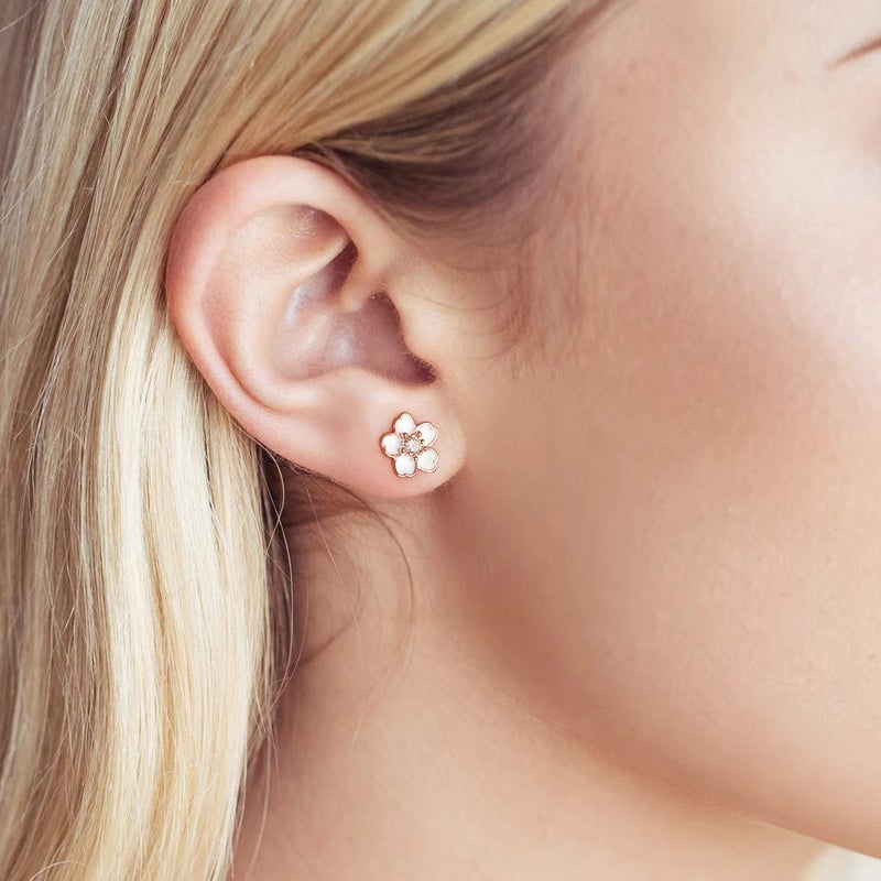 AllenCOCO 925 Sterling Silver Cherry Blossom Stud Earrings,Cute Flower Ear Studs for Women, Rose Gold Plated, Hypoallergenic Jewelry Gift (White) - Image 4
