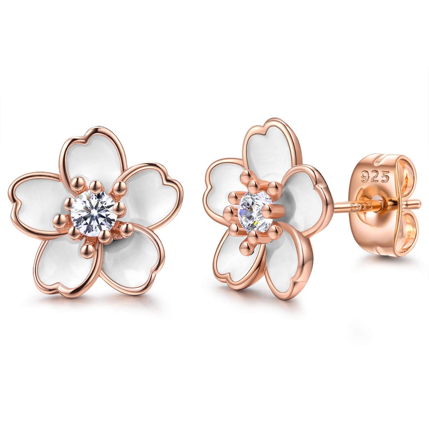 925 Sterling Silver Cherry Blossom Stud Earrings,Cute Flower Ear Studs for Women, Rose Gold Plated, Hypoallergenic Jewelry Gift (White)