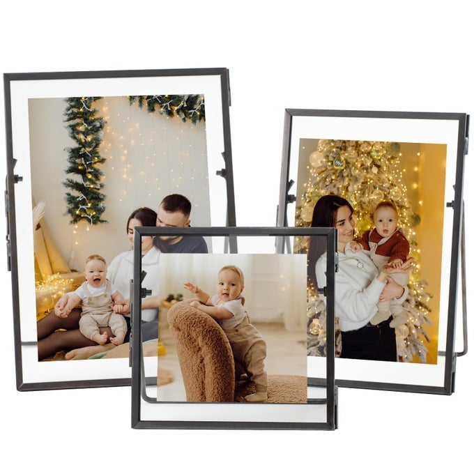 SET OF 3 GLASS PRESSED FLOWERS FRAME VINTAGE GUNMETAL GRAY FLOATING PICTURE FRAMES COLLECTION 4X4 4X6 5X7 METAL TABLETOP STANDING GLASS FLOATING PICTURE FRAME HOME DECOR ARTWORK PHOTO DISPLAY