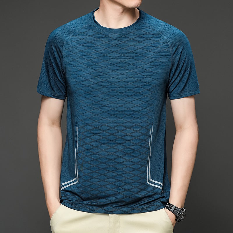 Men's Ice silk T-shirt short-sleeved summer quick-drying clothes breathable outdoor sports casual men's diamond plaid T-shirt fashion - Image 1