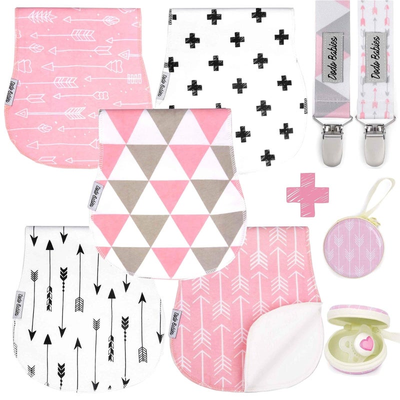 Dodo Babies 5Pack Baby Burp Cloths  Soft Absorbent Cotton Burp Cloths  Includes Pacifier Case and 2 Pacifier Clips  Colors Pink and White
