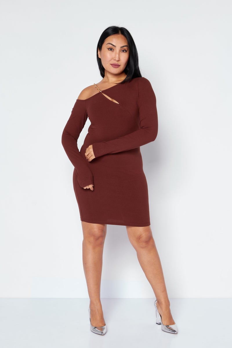 Endless Blu Women Ribbed Mini Dress, Brown - Image 3