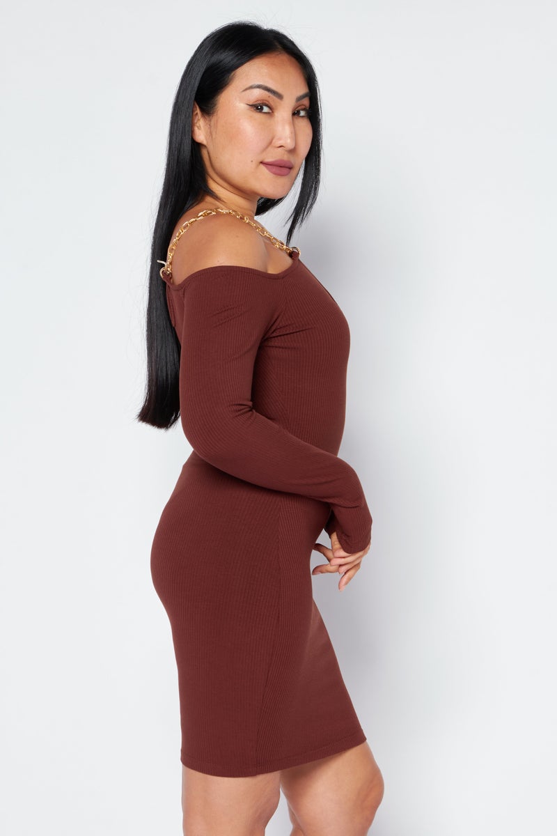 Endless Blu Women Ribbed Mini Dress, Brown - Image 4