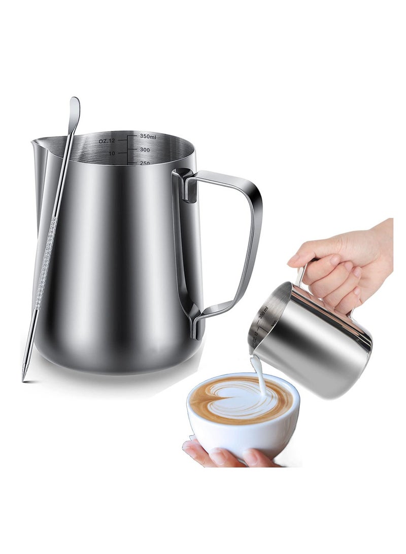 KASTWAVE Coffee Milk Frothing Pitcher, Stainless Steel Milk Frothing Pitcher for Coffee and Latte Art - Sharp Mouthed Coffee Utensils With Scales and Latte Art Pen, for Espresso Enthusiasts(350ml/12oz) - Image 1