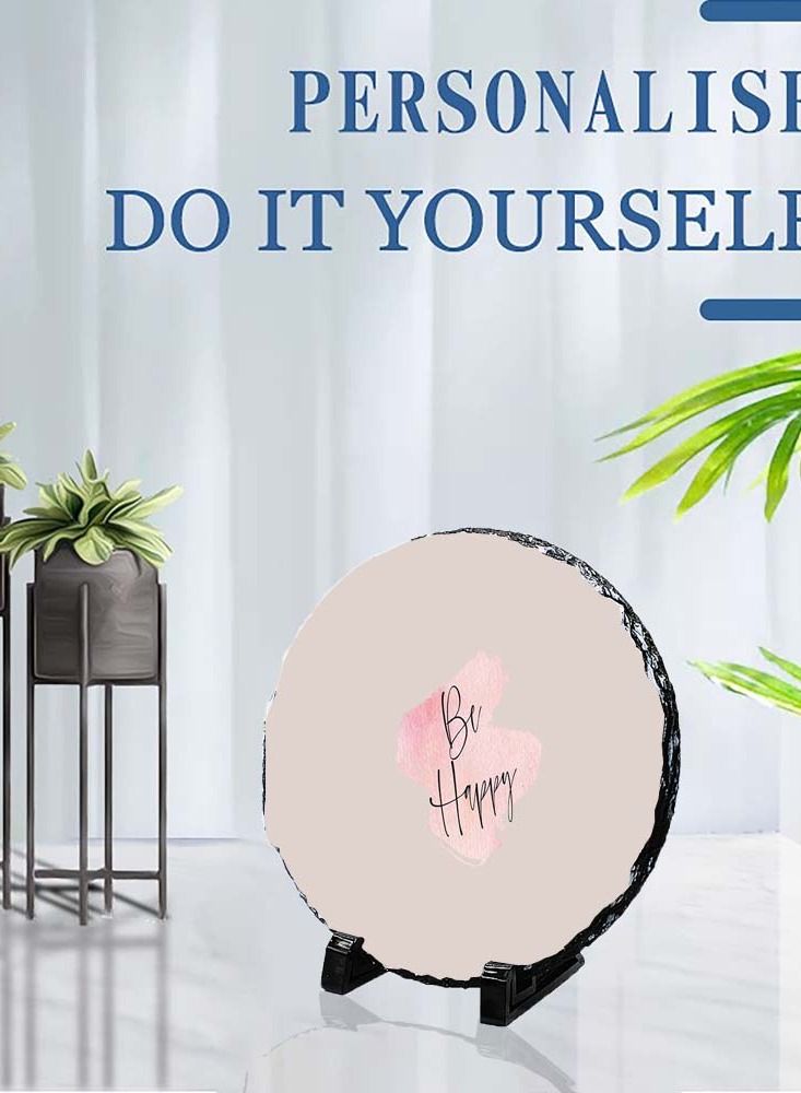 Protective Printed White Round Shape Marble Photo Frame for Table Top Be Happy