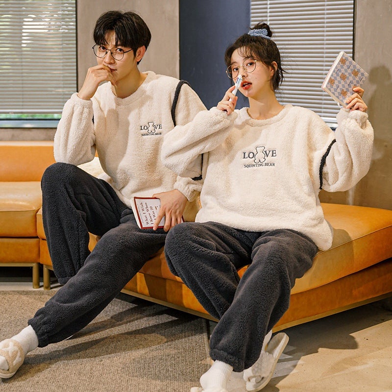 Couple Pajamas Fleece-Lined Thickened Warm Coral Fleece Women'S Cute Cartoon Winter Home Clothes Suit Men'S - Image 1