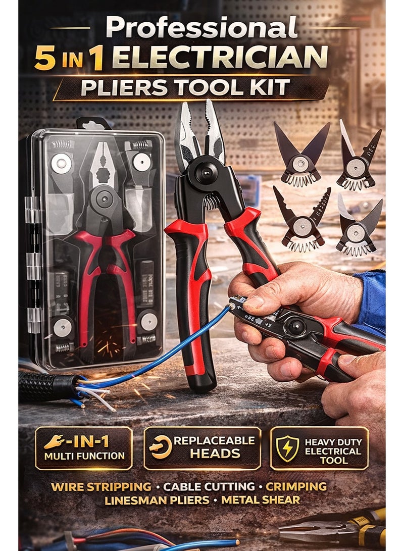 Professional 5 In 1 Electrician Pliers Tool Kit Multi Function Wire Stripper Cutter Crimping Linesman Pliers Metal Shear With Replaceable Heads Storage Case Heavy Duty Electrical Hand Tool - Image 1