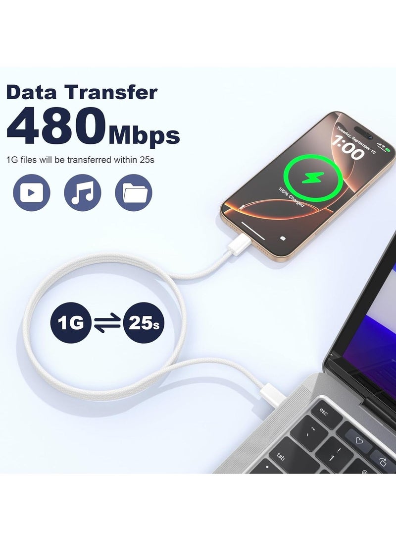 نفس (عبوة من قطعتين) كابل USB-C إلى USB-C بطول 3 أقدام، مضفر من النايلون بقدرة 60 واط، كابل شحن لأجهزة آيفون 17 16 15، شاحن Type C سريع الشحن، كابل USB-C إلى USB-C لأجهزة آيفون 17 16 15 Pro Plus Pro Max/آيباد برو/آير - أبيض - Image 4