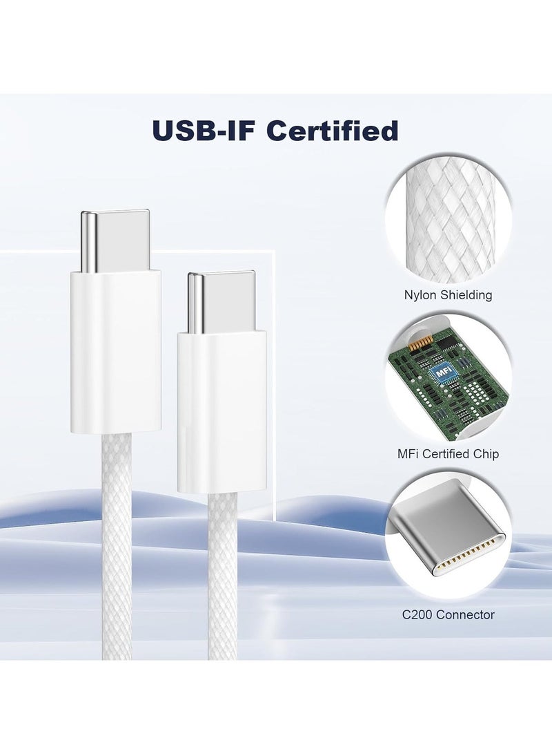 نفس (عبوة من قطعتين) كابل USB-C إلى USB-C بطول 3 أقدام، مضفر من النايلون بقدرة 60 واط، كابل شحن لأجهزة آيفون 17 16 15، شاحن Type C سريع الشحن، كابل USB-C إلى USB-C لأجهزة آيفون 17 16 15 Pro Plus Pro Max/آيباد برو/آير - أبيض - Image 2