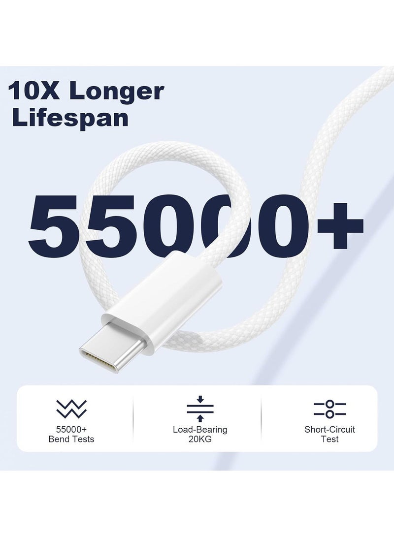 نفس (عبوة من قطعتين) كابل USB-C إلى USB-C بطول 3 أقدام، مضفر من النايلون بقدرة 60 واط، كابل شحن لأجهزة آيفون 17 16 15، شاحن Type C سريع الشحن، كابل USB-C إلى USB-C لأجهزة آيفون 17 16 15 Pro Plus Pro Max/آيباد برو/آير - أبيض - Image 3