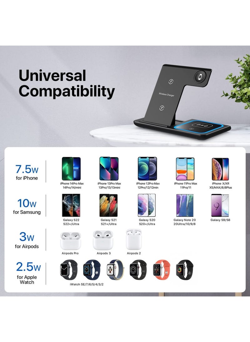Barakah 3 in 1 Wireless Charging Station, Fast Charger Stand for iPhone 14/13/12/11/Pro/Max/XS/XR/X/8/Plus, Apple Watch 7/6/5/4/3/2/SE, AirPods 3/2/Pro (Black) - Image 3