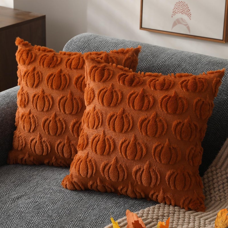 DFXSZ Fall Pillow Covers 22x22 Set of 2 Fall Decorations Autumn Rust Pumpkin Throw Pillow Cases Soft Plush Faux Fur Wool Couch Cushion Case for Chair Sofa Bedroom Living Room Home Decor PTK02A22 - Image 2