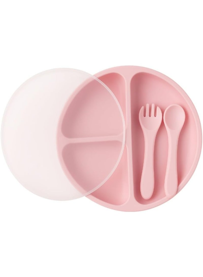 Complete Non-Slip Divided Silicone Baby Feeding Set with Lid, Fork & Spoon – Microwave, Freezer, & High Temperature Safe - Image 1