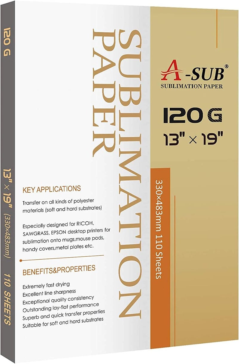 A-SUB Sublimation Paper 13x19 Inch 120GSM, 110 Sheets - Compatible with Inkjet Printers & Sublimation Inks, High Transfer Efficiency for T-Shirts, Mugs, Crafts - Image 1