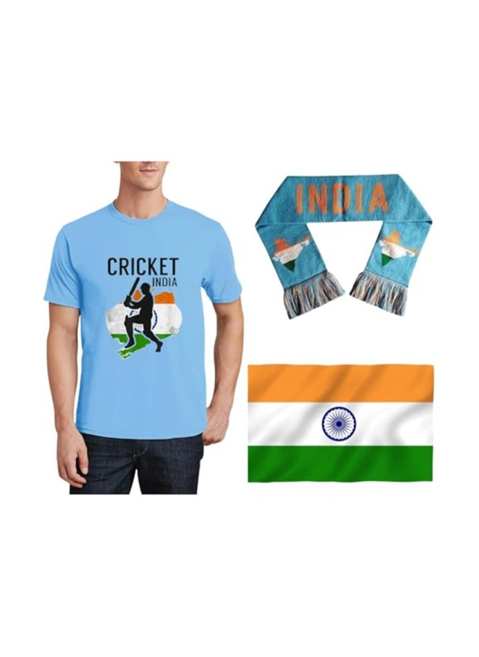 برينت شوب فور مي - تي شيرت رجالي من India Jersey، وشاح وعلم كبير (90 سم × 150 سم) كومبو يهتف للهند مع هذه المجموعة الأنيقة للمباريات أو الأحداث أو الاحتفالات - Image 1