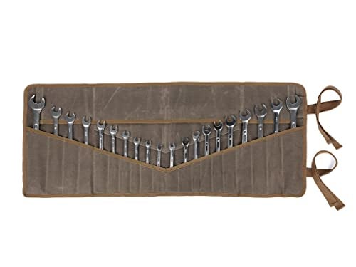 Denifiter Wrench Roll Up Pouch, Heavy Duty Waxed Canvas Tool Roll Bag Tool Organizer Bag With 20+4 Pockets (Brown) - Image 1