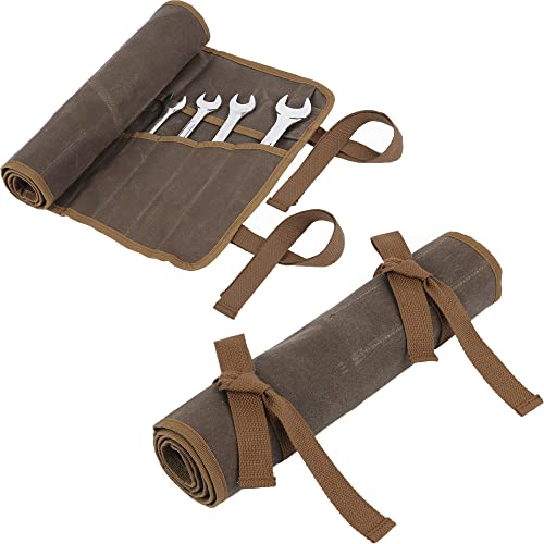 Denifiter Wrench Roll Up Pouch, Heavy Duty Waxed Canvas Tool Roll Bag Tool Organizer Bag With 20+4 Pockets (Brown) - Image 4