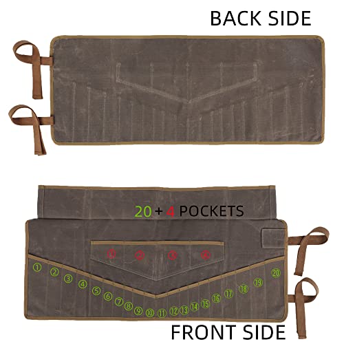 Denifiter Wrench Roll Up Pouch, Heavy Duty Waxed Canvas Tool Roll Bag Tool Organizer Bag With 20+4 Pockets (Brown) - Image 3