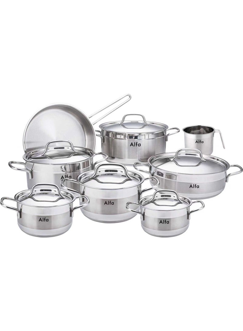 ALFA طقم أواني الطهي من ALFA 14 قطعة من الفولاذ المقاوم للصدأ - أواني ومقالي وحليب متميزة مع أغطية | تشطيب مرآة، متوافق مع الحث، مجموعة طهي متينة