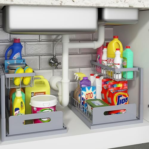 REALINN Under Sink Organizer, Pull Out Cabinet Organizer 2 Tier Slide Out Sink Shelf Cabinet Storage Shelves, Storage for Kitchen Bathroom, Grey, 2 Pack - Image 1