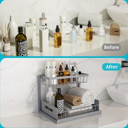 REALINN Under Sink Organizer, Pull Out Cabinet Organizer 2 Tier Slide Out Sink Shelf Cabinet Storage Shelves, Storage for Kitchen Bathroom, Grey, 2 Pack - Image 3