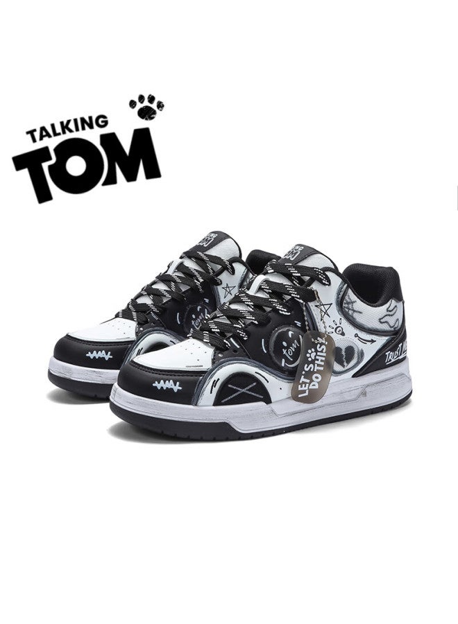 TALKING TOM Talkingtom Canvas Shoes For Men And Women Students, Stylish Distressed Graffiti Casual Thick-soled Loafers, Black And White Panda, Size 38 - Image 2