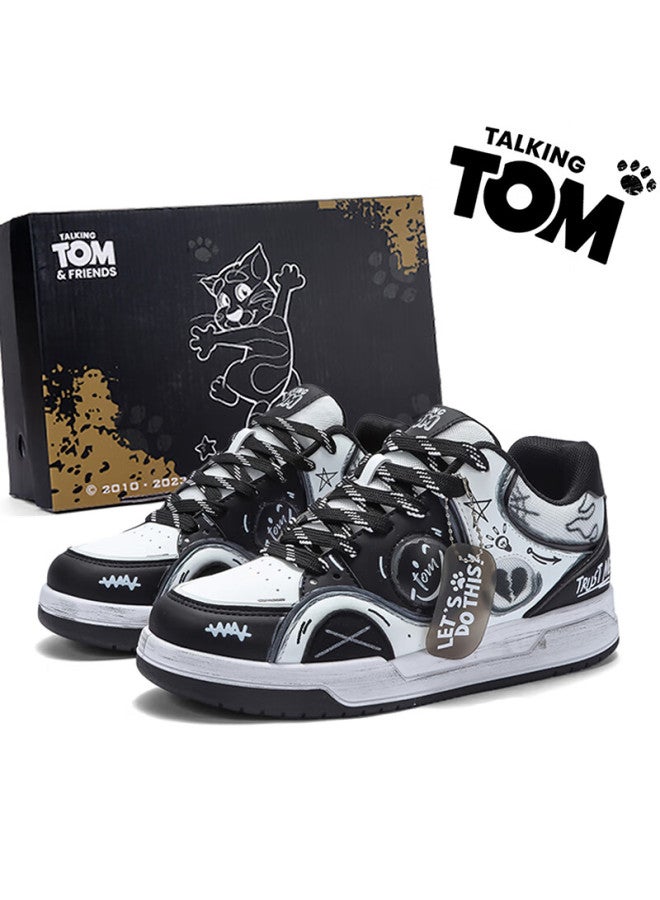TALKING TOM Talkingtom Canvas Shoes For Men And Women Students, Stylish Distressed Graffiti Casual Thick-soled Loafers, Black And White Panda, Size 38 - Image 1