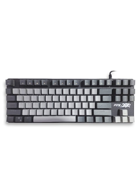 Mechanical Gaming Keyboard, model PPK87 for computer and lap top (gray/black) RGB Full size with 87 key, cable USB Speed interface , blue switch, adjustable height in to give comfort to the hand while playing . It can be used at home, office and personal use.