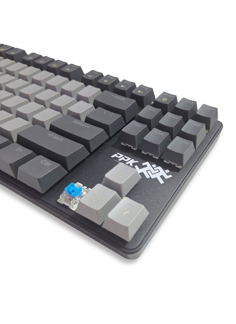 Generic - Mechanical Gaming Keyboard, model PPK87 for computer and lap top (gray/black) RGB Full size with 87 key, cable USB Speed interface , blue switch, adjustable height in to give comfort to the hand while playing . It can be used at home, office and personal use. - Image 1
