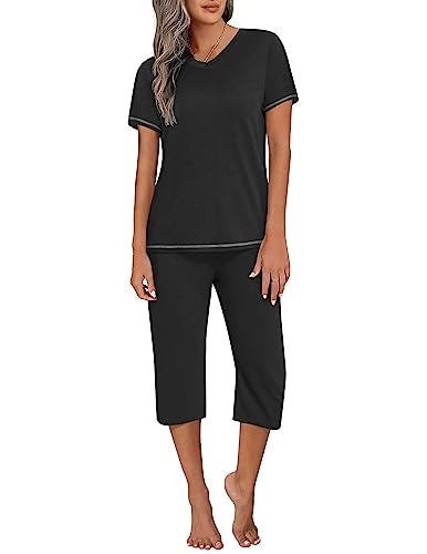 Ekouaer Women's Sleepwear Capri Pajama Sets Short Sleeve Two-Piece Pjs V Neck Tops & Capri Pants with Pockets S-3XL Black - Image 1