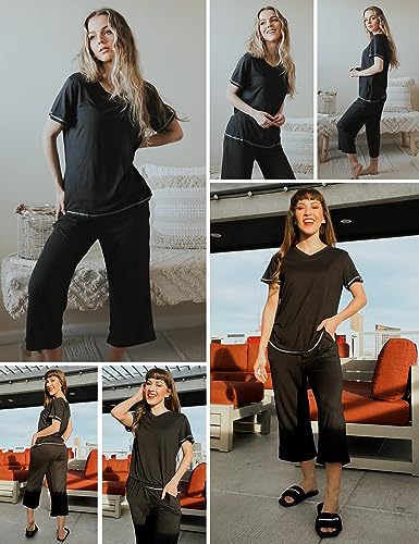 Ekouaer Women's Sleepwear Capri Pajama Sets Short Sleeve Two-Piece Pjs V Neck Tops & Capri Pants with Pockets S-3XL Black - Image 2