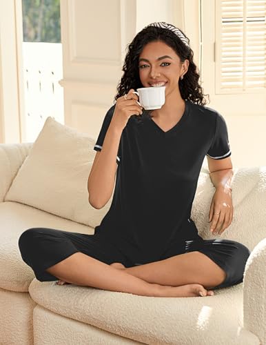 Ekouaer Women's Sleepwear Capri Pajama Sets Short Sleeve Two-Piece Pjs V Neck Tops & Capri Pants with Pockets S-3XL Black - Image 5