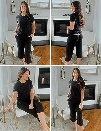 Ekouaer Women's Sleepwear Capri Pajama Sets Short Sleeve Two-Piece Pjs V Neck Tops & Capri Pants with Pockets S-3XL Black - Image 3