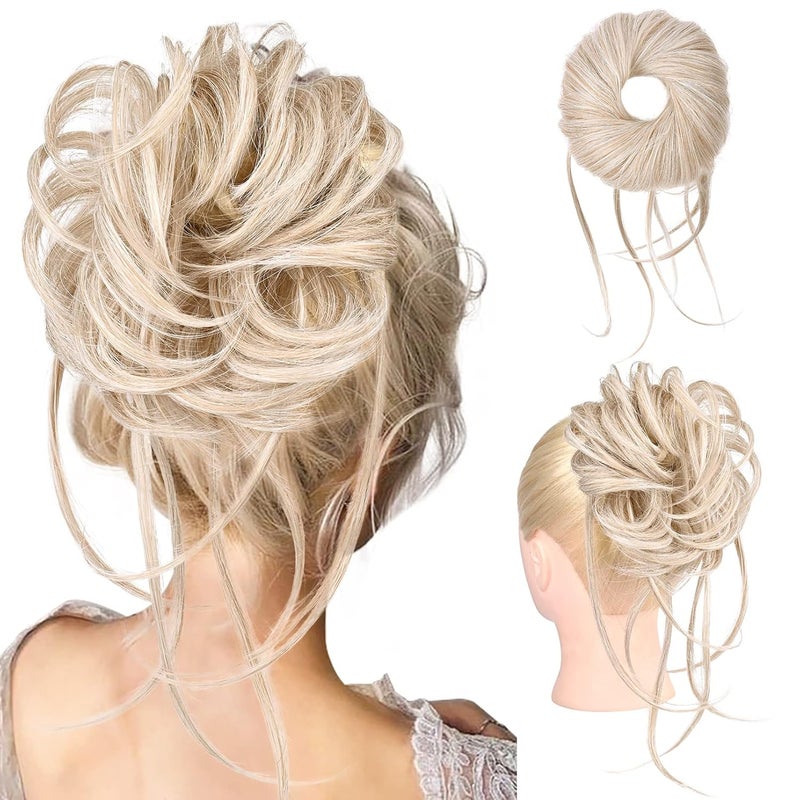 HOOJIH Messy Bun Hair Piece Super Long Tousled Updo Hair Bun Extensions Wavy Hair Wrap Ponytail Hairpieces with Elastic Hair Band for Women HB007 Grace  Platinum with Medium Blonde Mixed