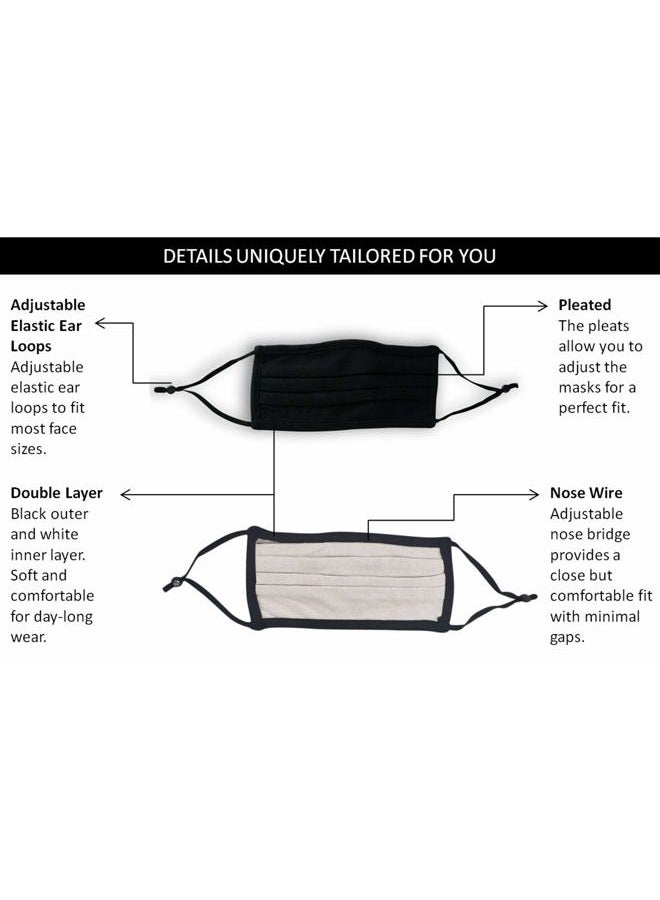 Simlu 3 Pack Unisex Reusable Pleated Fabric Face Mask with Adjustable Elastic, 2 Layer, Washable, Nose Wire Black Face Mask for Men Women and Kids - Image 5