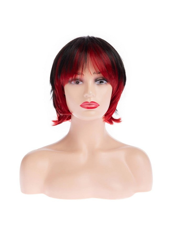 Beweig Short Black Wig With Bangs Black Mix Red Wigs For Women Natural Fluffy Synthetic Hair Womens Wigs - Image 2