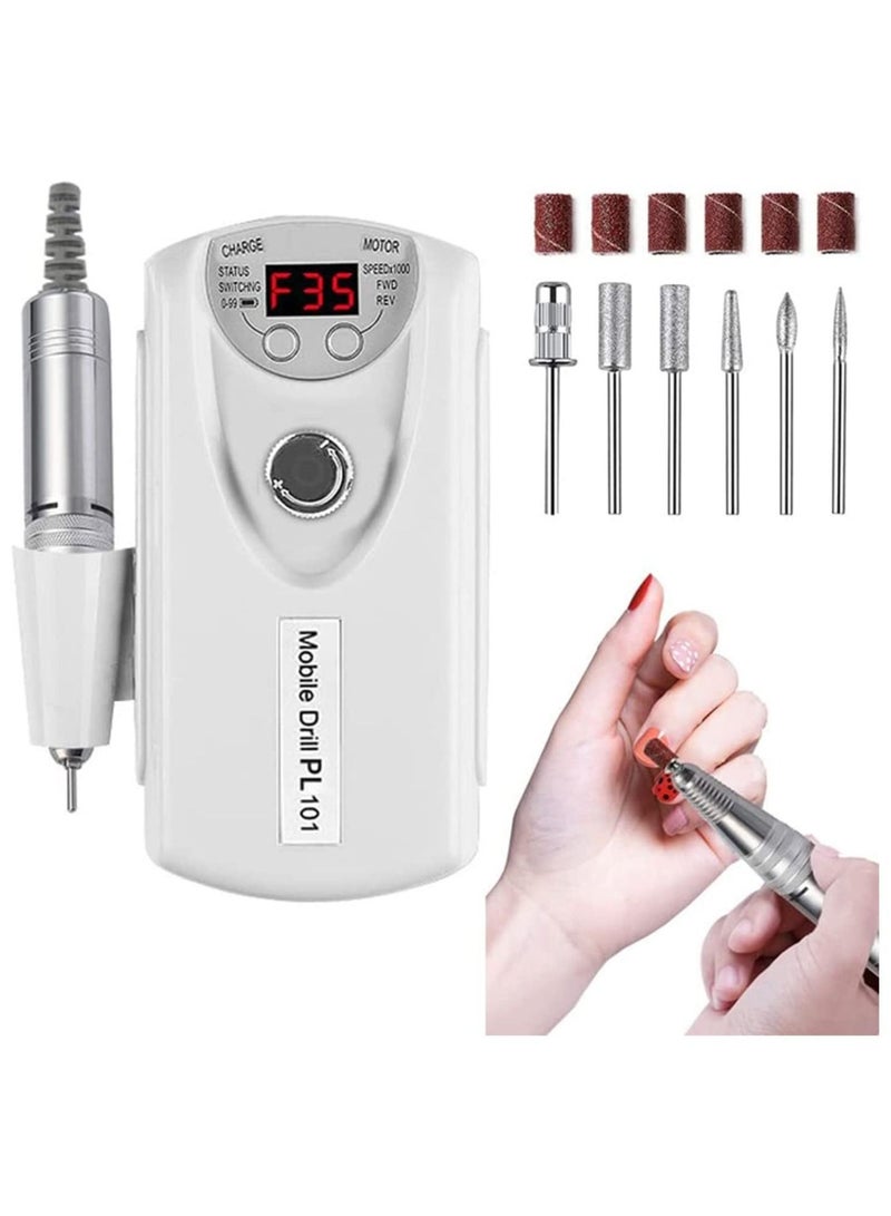 Y&D Electric Nail Drill, Professional Rechargeable 35000RPM File Machine, Portable Acrylic Gel Grinder Tools with 6 Bits and Sanding Bands, Manicure Pedicure Polishing Shape Tools, White  - Image 1