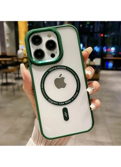 Plating Metal Lens Frame Clear Phone Case Magsafe Wireless Charging Ultra Thin Transparent Acrylic Hard Anti fall Shockproof Back Cover For iphone 15 Pro Max (Green)