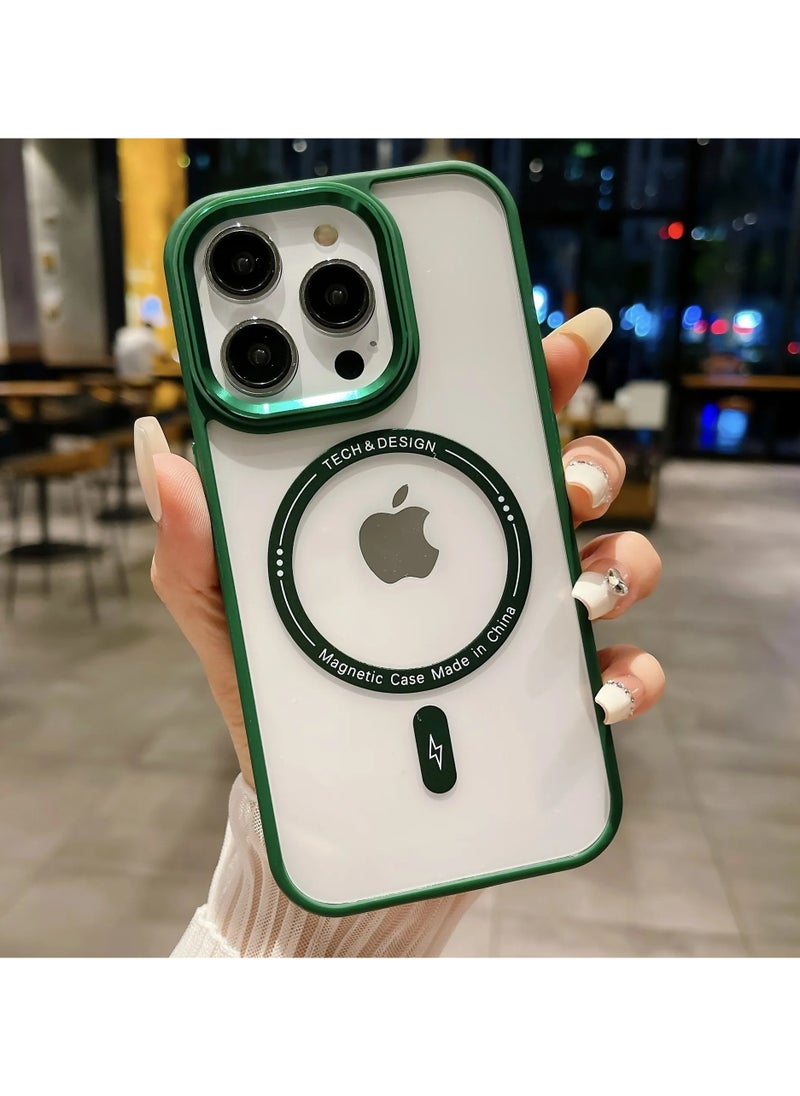 Generic - Plating Metal Lens Frame Clear Phone Case Magsafe Wireless Charging Ultra Thin Transparent Acrylic Hard Anti fall Shockproof Back Cover For iphone 15 Pro Max (Green) - Image 1