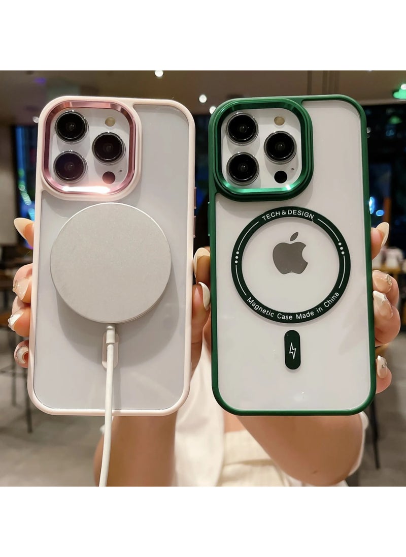 Generic - Plating Metal Lens Frame Clear Phone Case Magsafe Wireless Charging Ultra Thin Transparent Acrylic Hard Anti fall Shockproof Back Cover For iphone 15 Pro Max (Green) - Image 1
