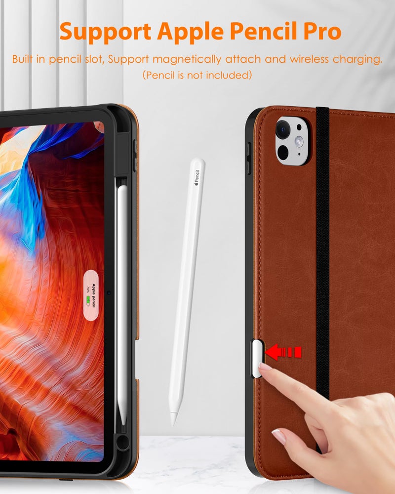 DTTO for iPad Pro 11 inch Case (M5/M4) 2025/2024, Premium Leather Business Folio Stand Cover with Pencil Holder - Auto Wake/Sleep and Multiple Viewing Angles, Brown - Image 3