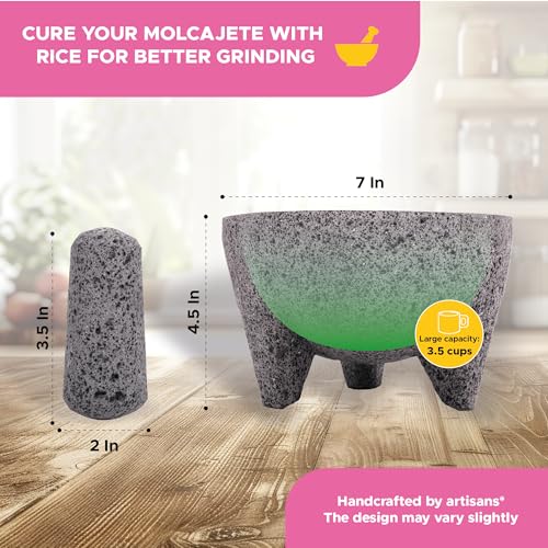 YOPIDO Molcajete 7 in Mexican, Handmade with Natural Volcanic Stone, Artisanal Kitchen Utensil for Grinding with Pores for Crushing, Specially Designed for Grinding Spices, Sauces, and Guacamole - Image 4